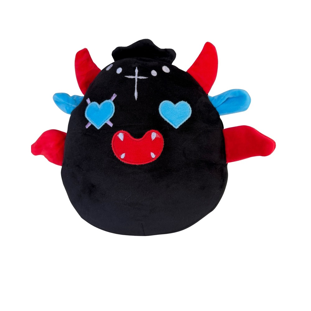 Black Demon Plush with Red Horns and Blue Heart Eyes Goth Aesthetic Plushie